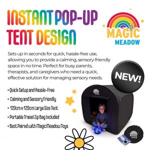 INSTANT POP-UP DESIGN: Sets up in seconds for quick, hassle-free use, allowing you to provide a calming, sensory-friendly space in no time. Perfect for busy parents, therapists, and caregivers who need a quick, effective solution for managing sensory needs. SPACIOUS & COSY: Measures 120cm x 120cm x 120cm, offering ample room for two kids or one child and an adult. This generous interior space supports quiet time, creative play, or focused learning without the distraction of outside stimuli. LIGHT-BLOCKING POLYESTER FABRIC: Creates a fully enclosed, distraction-free environment for calm and focus, effectively reducing sensory overload. Made from premium, durable polyester, it helps filter out harsh light, creating a serene, comforting retreat for children with sensory sensitivities. PORTABLE & TRAVEL-FRIENDLY: Lightweight and foldable design for easy transport and storage, making it ideal for use at home, in classrooms, or on the go. Whether it’s for a quiet corner in the living room or a calming space in the park, this tent adapts to your needs wherever you are. DURABLE CONSTRUCTION: Made from high-quality materials for long-lasting use, built to withstand the energetic play and movement of children while maintaining its shape and function over time. This durability ensures a reliable, comforting space for years to come. SPECIAL EDUCATIONAL TOYS BY MAGICMEADOW: MagicMeadow specialises in special educational toys such as spinning swivel chairs, textured play mats, liquid floor tiles, and bubble convex mirror panels - carefully curated to enhance sensory development and create engaging, therapeutic environments for children with additional needs.