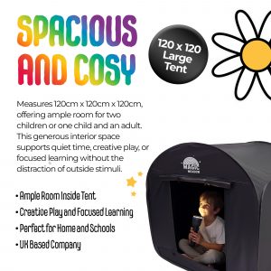 INSTANT POP-UP DESIGN: Sets up in seconds for quick, hassle-free use, allowing you to provide a calming, sensory-friendly space in no time. Perfect for busy parents, therapists, and caregivers who need a quick, effective solution for managing sensory needs. SPACIOUS & COSY: Measures 120cm x 120cm x 120cm, offering ample room for two kids or one child and an adult. This generous interior space supports quiet time, creative play, or focused learning without the distraction of outside stimuli. LIGHT-BLOCKING POLYESTER FABRIC: Creates a fully enclosed, distraction-free environment for calm and focus, effectively reducing sensory overload. Made from premium, durable polyester, it helps filter out harsh light, creating a serene, comforting retreat for children with sensory sensitivities. PORTABLE & TRAVEL-FRIENDLY: Lightweight and foldable design for easy transport and storage, making it ideal for use at home, in classrooms, or on the go. Whether it’s for a quiet corner in the living room or a calming space in the park, this tent adapts to your needs wherever you are. DURABLE CONSTRUCTION: Made from high-quality materials for long-lasting use, built to withstand the energetic play and movement of children while maintaining its shape and function over time. This durability ensures a reliable, comforting space for years to come. SPECIAL EDUCATIONAL TOYS BY MAGICMEADOW: MagicMeadow specialises in special educational toys such as spinning swivel chairs, textured play mats, liquid floor tiles, and bubble convex mirror panels - carefully curated to enhance sensory development and create engaging, therapeutic environments for children with additional needs.
