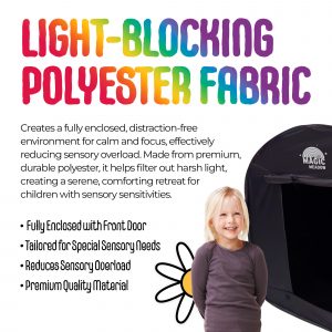 INSTANT POP-UP DESIGN: Sets up in seconds for quick, hassle-free use, allowing you to provide a calming, sensory-friendly space in no time. Perfect for busy parents, therapists, and caregivers who need a quick, effective solution for managing sensory needs. SPACIOUS & COSY: Measures 120cm x 120cm x 120cm, offering ample room for two kids or one child and an adult. This generous interior space supports quiet time, creative play, or focused learning without the distraction of outside stimuli. LIGHT-BLOCKING POLYESTER FABRIC: Creates a fully enclosed, distraction-free environment for calm and focus, effectively reducing sensory overload. Made from premium, durable polyester, it helps filter out harsh light, creating a serene, comforting retreat for children with sensory sensitivities. PORTABLE & TRAVEL-FRIENDLY: Lightweight and foldable design for easy transport and storage, making it ideal for use at home, in classrooms, or on the go. Whether it’s for a quiet corner in the living room or a calming space in the park, this tent adapts to your needs wherever you are. DURABLE CONSTRUCTION: Made from high-quality materials for long-lasting use, built to withstand the energetic play and movement of children while maintaining its shape and function over time. This durability ensures a reliable, comforting space for years to come. SPECIAL EDUCATIONAL TOYS BY MAGICMEADOW: MagicMeadow specialises in special educational toys such as spinning swivel chairs, textured play mats, liquid floor tiles, and bubble convex mirror panels - carefully curated to enhance sensory development and create engaging, therapeutic environments for children with additional needs.