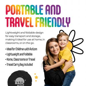 INSTANT POP-UP DESIGN: Sets up in seconds for quick, hassle-free use, allowing you to provide a calming, sensory-friendly space in no time. Perfect for busy parents, therapists, and caregivers who need a quick, effective solution for managing sensory needs. SPACIOUS & COSY: Measures 120cm x 120cm x 120cm, offering ample room for two kids or one child and an adult. This generous interior space supports quiet time, creative play, or focused learning without the distraction of outside stimuli. LIGHT-BLOCKING POLYESTER FABRIC: Creates a fully enclosed, distraction-free environment for calm and focus, effectively reducing sensory overload. Made from premium, durable polyester, it helps filter out harsh light, creating a serene, comforting retreat for children with sensory sensitivities. PORTABLE & TRAVEL-FRIENDLY: Lightweight and foldable design for easy transport and storage, making it ideal for use at home, in classrooms, or on the go. Whether it’s for a quiet corner in the living room or a calming space in the park, this tent adapts to your needs wherever you are. DURABLE CONSTRUCTION: Made from high-quality materials for long-lasting use, built to withstand the energetic play and movement of children while maintaining its shape and function over time. This durability ensures a reliable, comforting space for years to come. SPECIAL EDUCATIONAL TOYS BY MAGICMEADOW: MagicMeadow specialises in special educational toys such as spinning swivel chairs, textured play mats, liquid floor tiles, and bubble convex mirror panels - carefully curated to enhance sensory development and create engaging, therapeutic environments for children with additional needs.